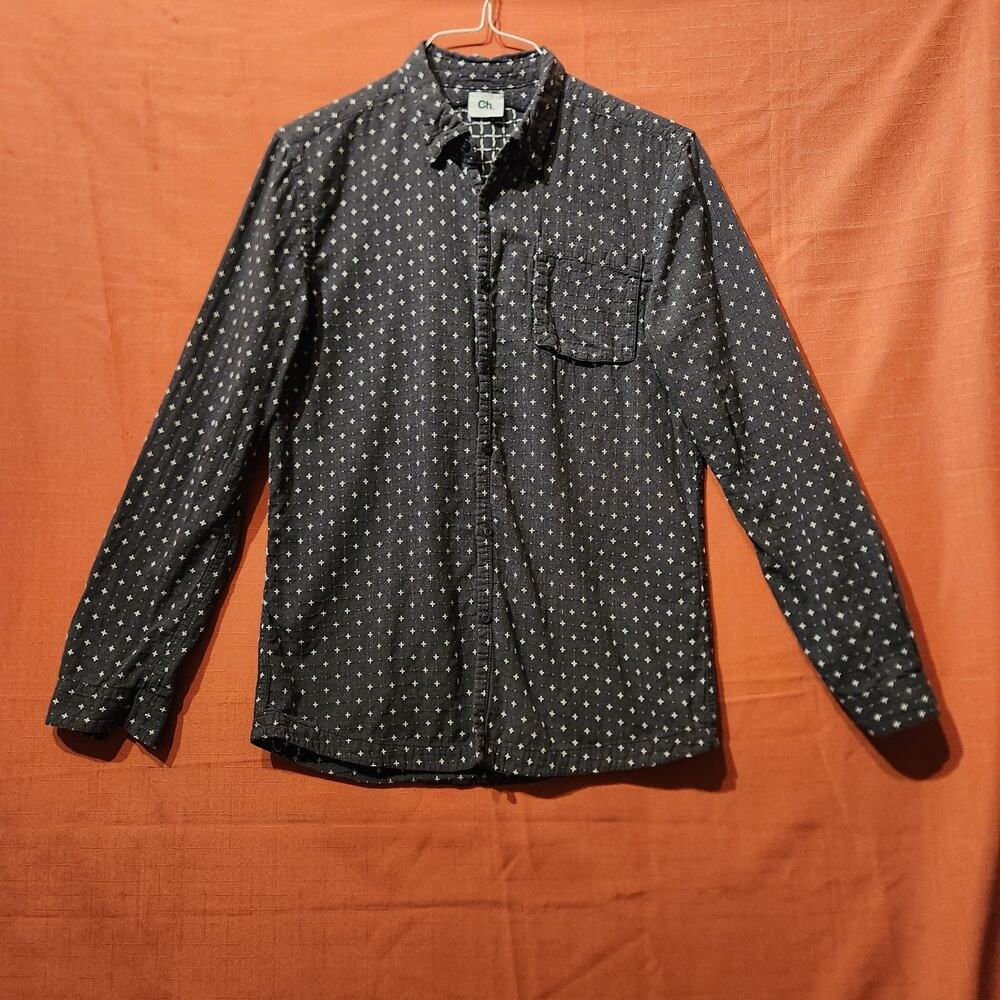 CH. CHAPTER Men's Size Medium Grey Cross Print Button Up Shirt Casual Designer
